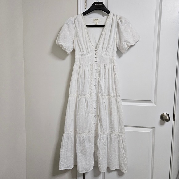 Jessica Simpson Maxi Dress Womens S White Swiss Dot Puff Sleeve Cotton Boho Lace - Picture 2 of 15